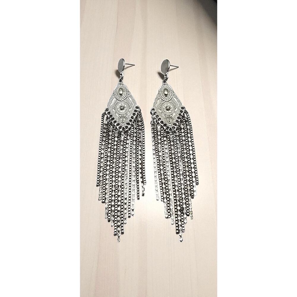 Silver Filigree Fringe Statement Earrings Rhinestone Dangle – Dramatic Glam - Picture 4 of 8